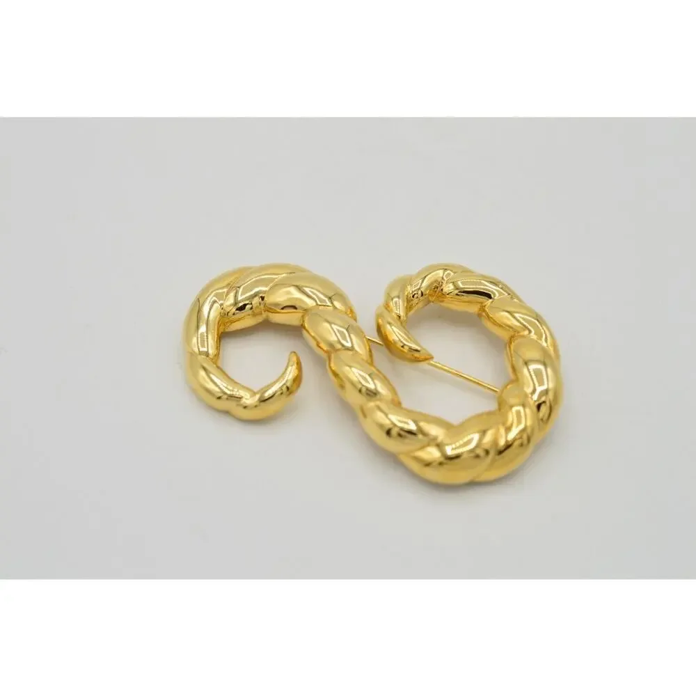 Vintage Rope Pin Brooch Gold Tone Metal Twisted Chunky Abstract 1980s 9B